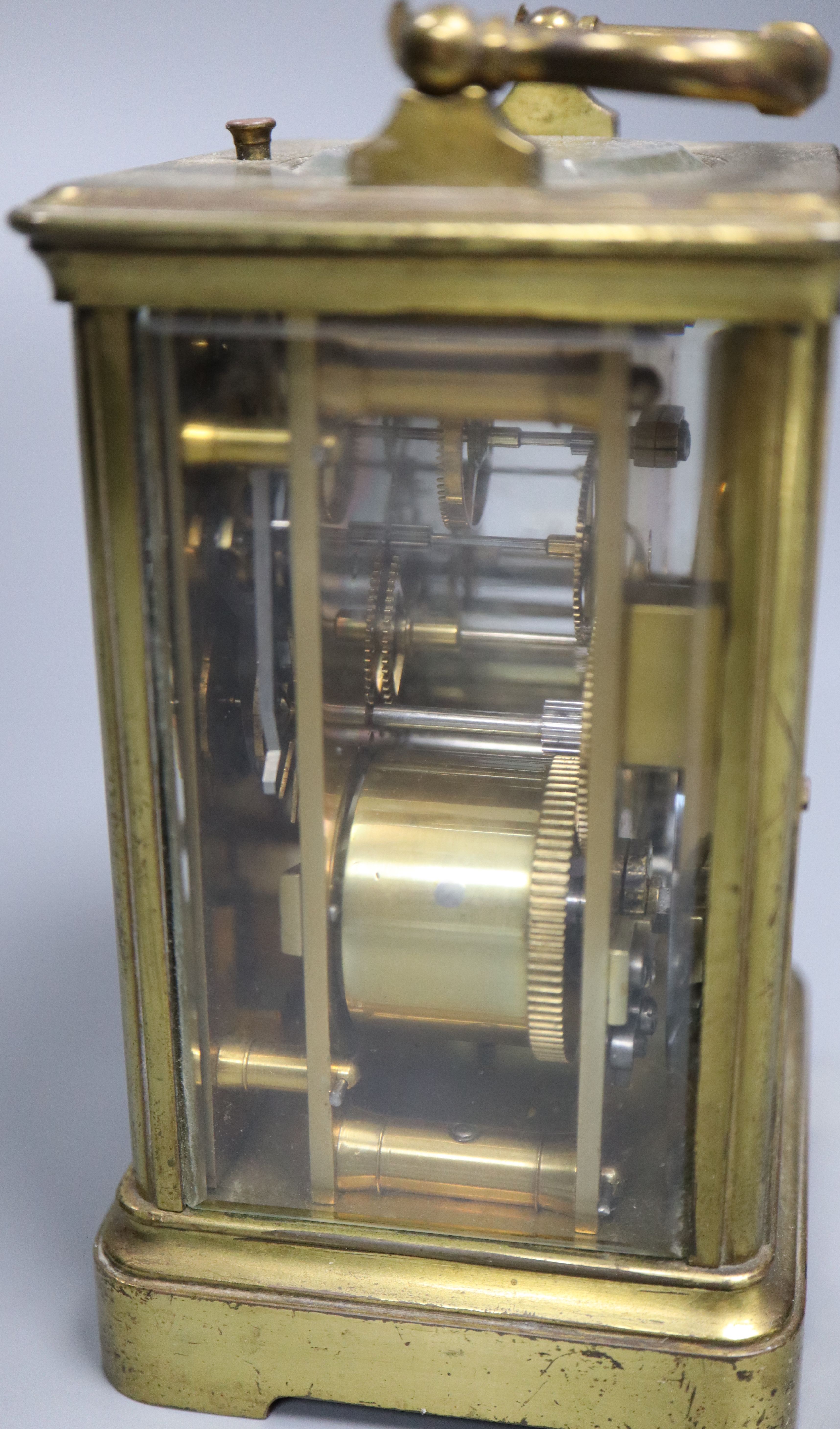 An hour repeating brass carriage clock,14cm